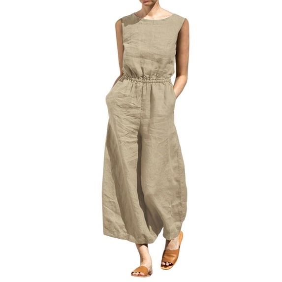 Keeccty Women Sleeveless One-Piece Elastic Crewneck Baggy Cotton Linen Jumpsuit