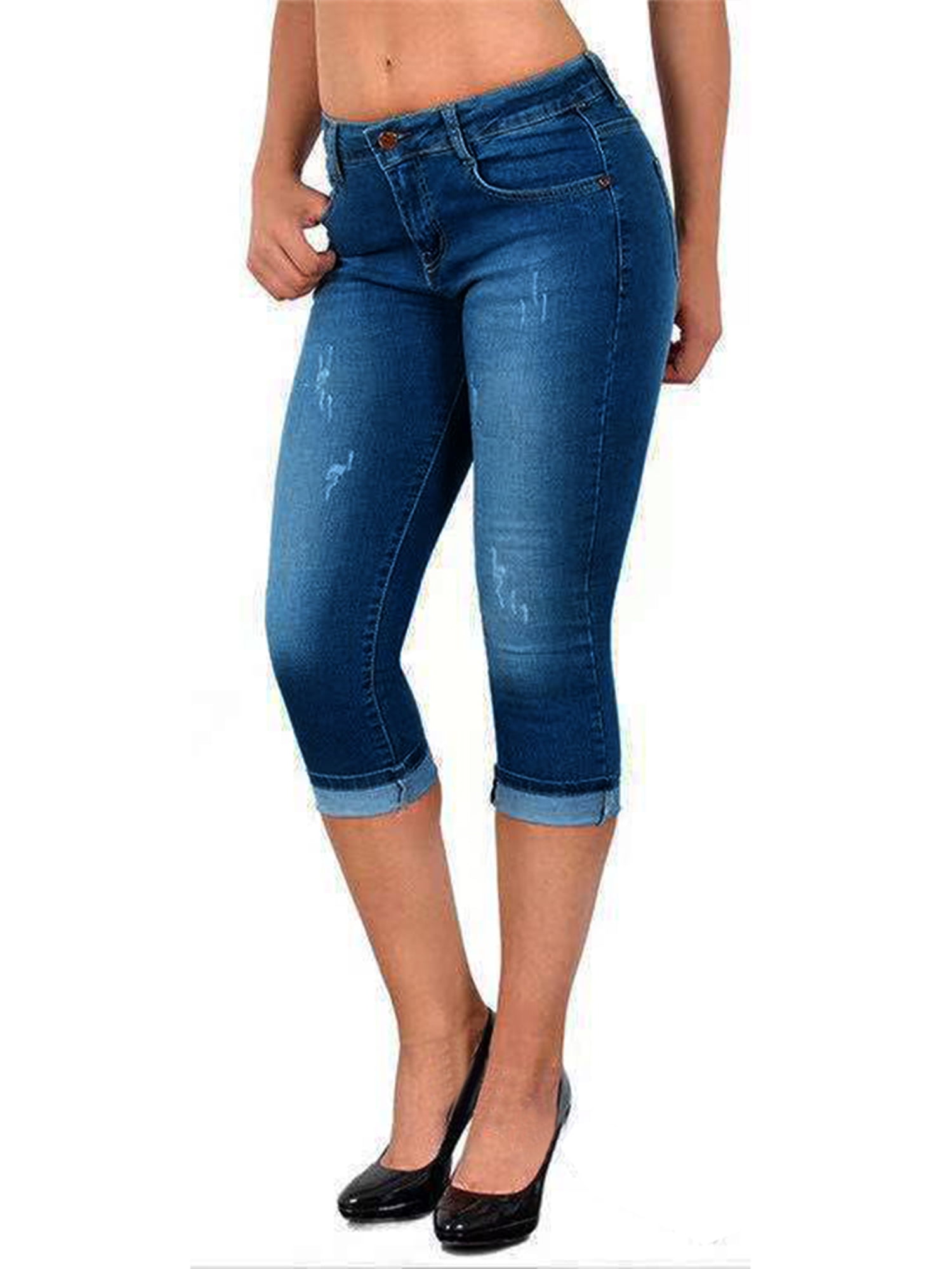 Keeccty Women Stretch Slim Leg Fit Cropped Mid-length Denim Jeans