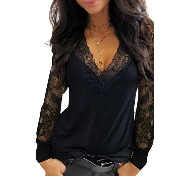 Keeccty Women V-Neck Lace Sexy Long Sleeve T-shirt Top