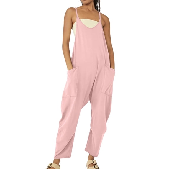 Keeccty Women Woven Casual Back Zip Pocket Spaghetti Strap Braces Overalls