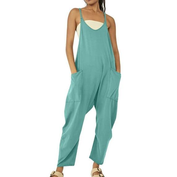 Keeccty Women Woven Casual Back Zip Pocket Spaghetti Strap Braces Overalls