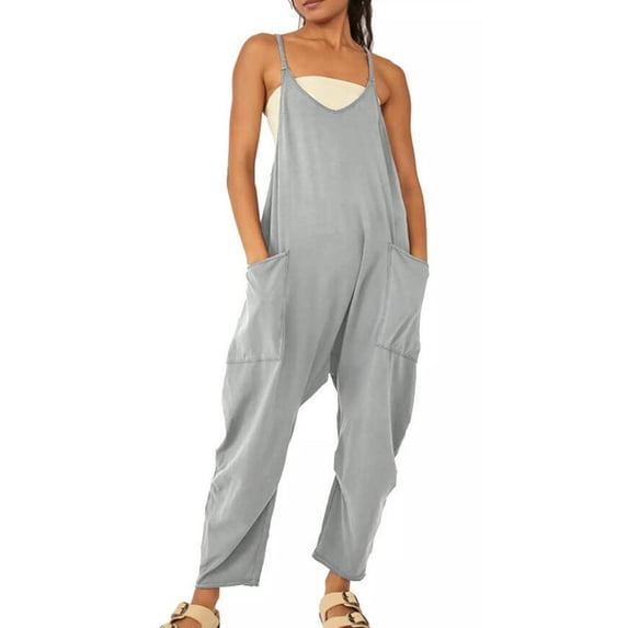 Keeccty Women Woven Casual Back Zip Pocket Spaghetti Strap Braces Overalls