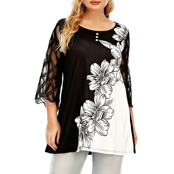 Keeccty Women's Oversized Lace Sleeve Floral Print Casual T-shirt