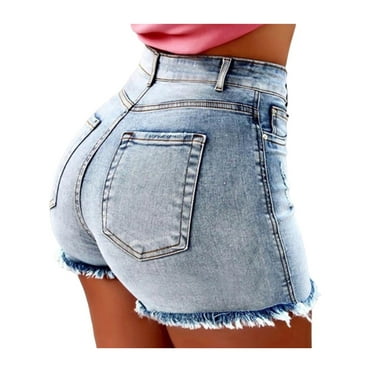 Keeccty Women's Ripped Stretch Denim Shorts With Pockets And Fringe