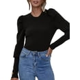 thumbnail image 1 of Keeccty Womens Daytime Tops Solid Color Puff Long Sleeve Basic Ribbed T-Shirts, 1 of 4