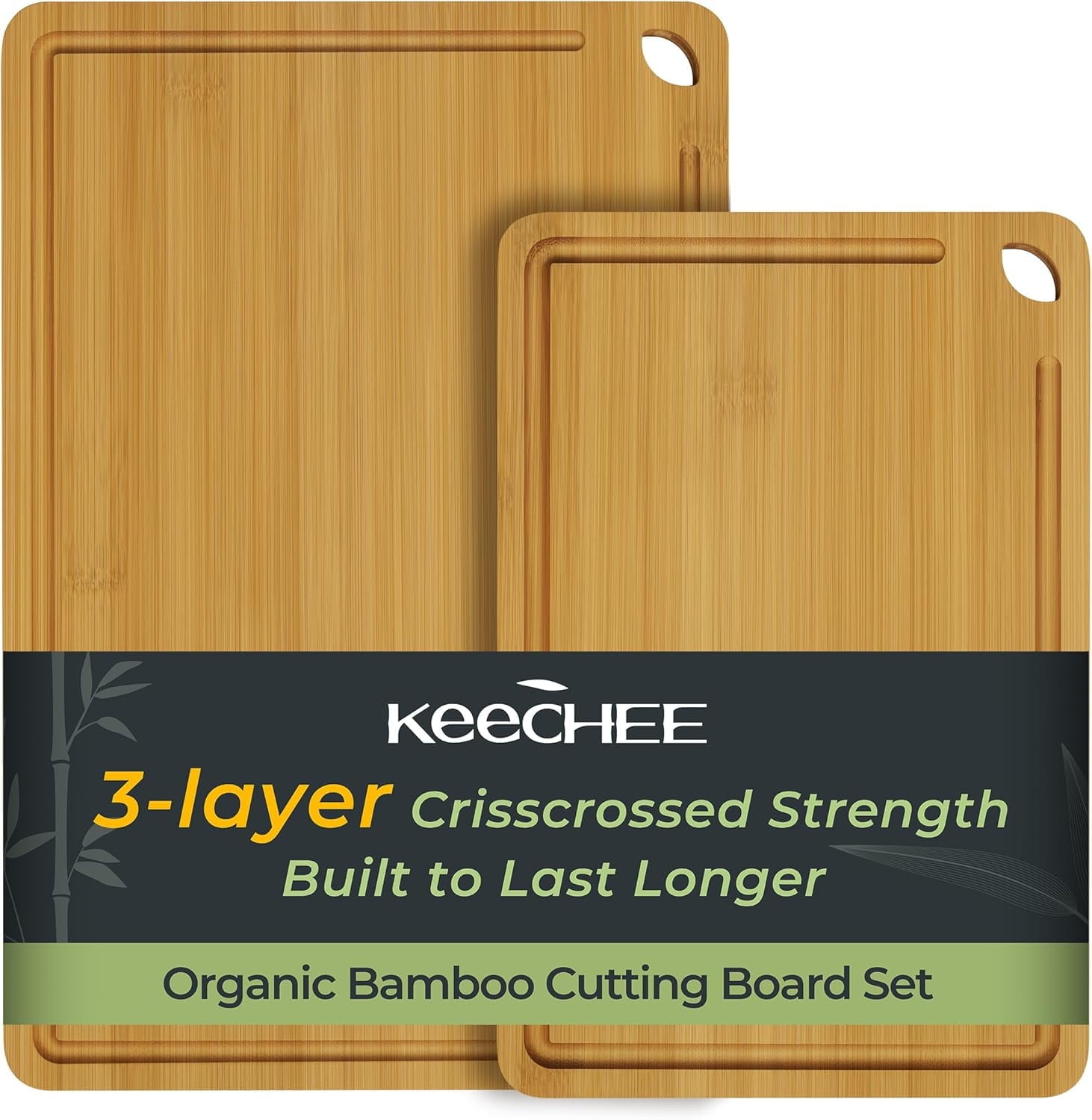Keechee 2-Piece Bamboo Cutting Board Set with Juice Groove, 15"x10" and 12"x8"