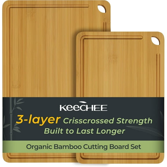 Keechee 2-Piece Bamboo Cutting Board Set with Juice Groove, 15"x10" and 12"x8"