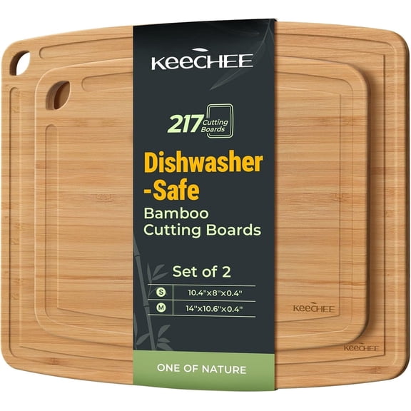 Keechee Dishwasher Safe Bamboo Cutting Boards Durable Lightweight Wood Cutting Board for Busy Kitchen, Easy Storage & Clean Wooden Chopping Boards with Juice Groove Set of 2 (M+S)