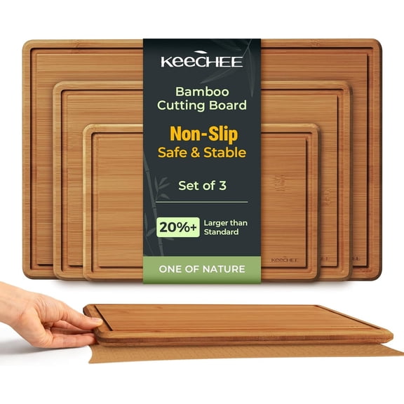 Keechee Bamboo Cutting Board with Non-slip Mat, Cutting Boards for Kitchen Meal Prep & Serving - Wood Serving Board Sets with Deep Juice Groove Ideal Kitchen Gifts