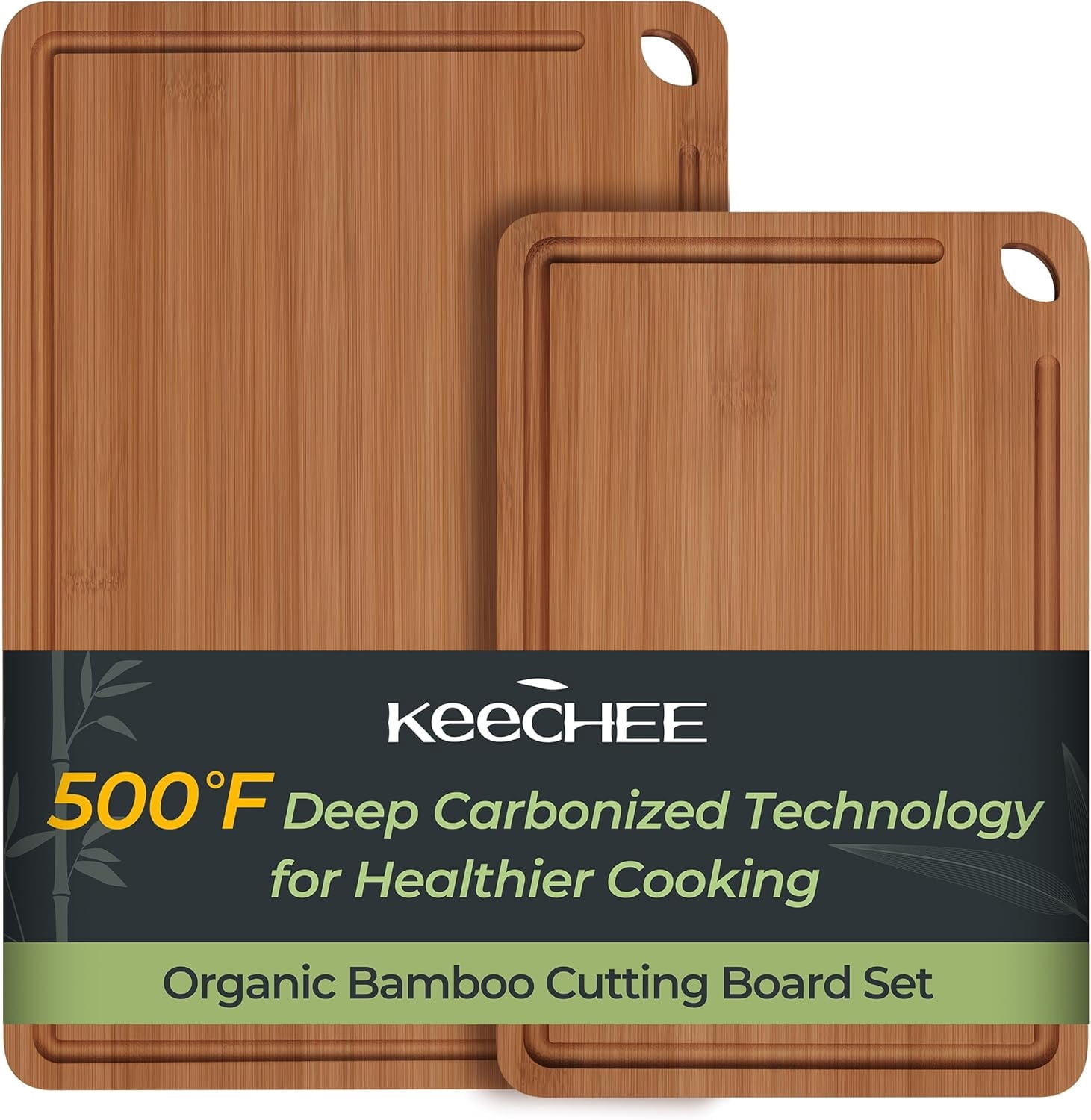 Keechee Carbonized Bamboo Cutting Board Set, 2 Piece, Brown, 15 in x 10 in and 12 in x 8 in, with Juice Groove and Built-in Handles