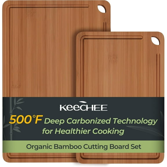 Keechee Carbonized Bamboo Cutting Board Set, 2 Piece, Brown, 15 in x 10 in and 12 in x 8 in, with Juice Groove and Built-in Handles