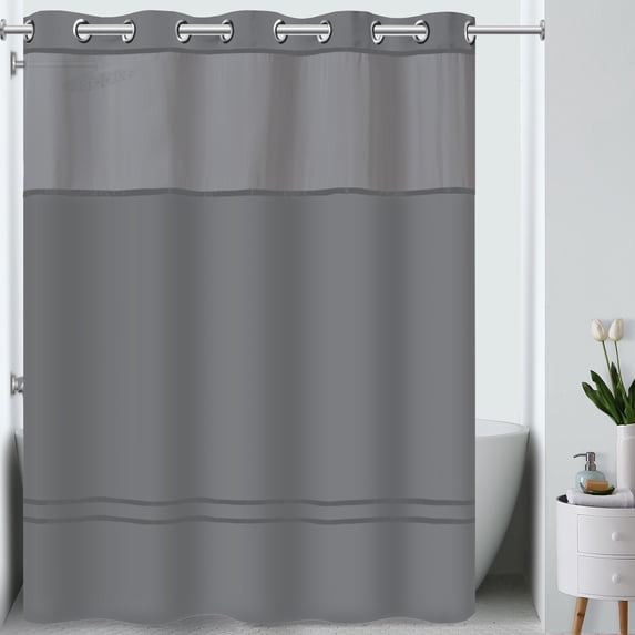 Hookless Escape Shower Curtain, 3-in-1 Shower Curtain with Sheer Top Window, Flex-on Rings & Fabric Liner, 71 In Wide x 74 In Long, Graphite