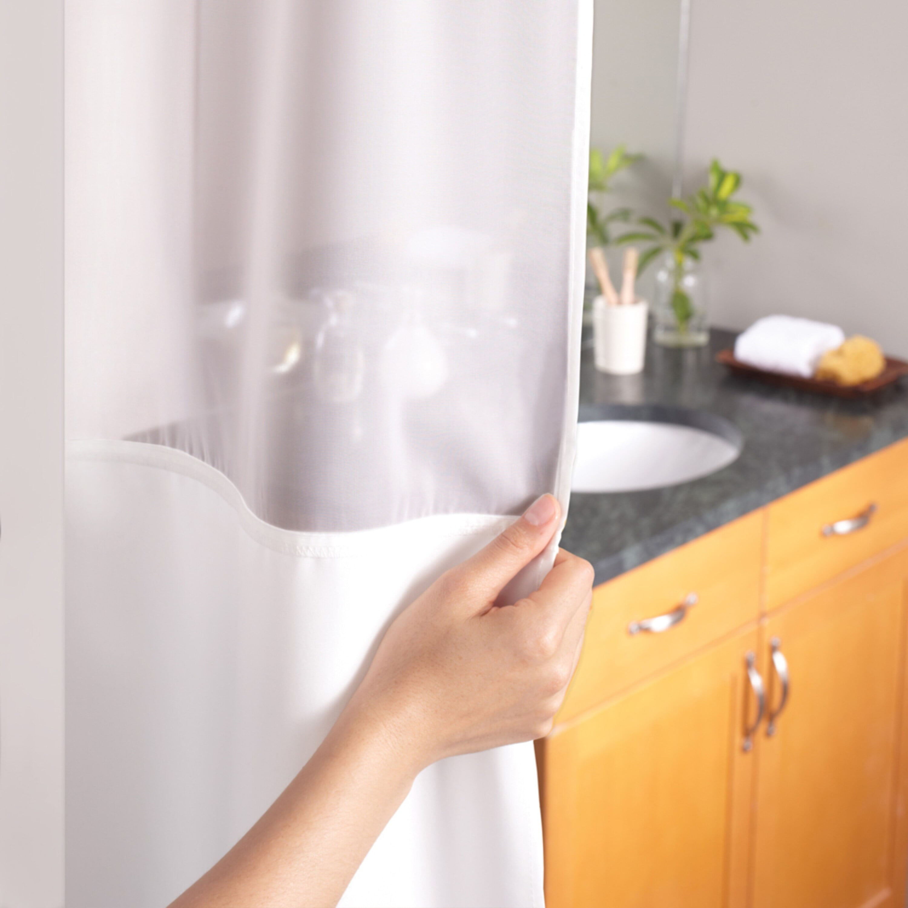 Gray Polyester Hookless Shower Curtain with Sheer Window
