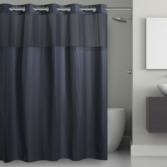 Hookless Waffle Shower Curtain, 3-in-1 Shower Curtain with Sheer Top Window, Flex-on Rings & Fabric Liner, 71 In Wide x 74 In Long, Navy