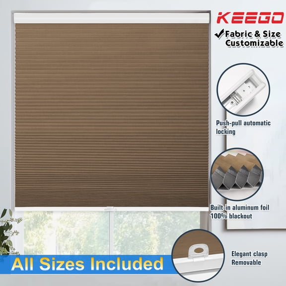 Keego 100% Blackout Cellular Window Shades Cordless Honeycomb Blinds for Window Size and Color Customizable for Home Bedroom Decor Brown 42"w x 36"h
