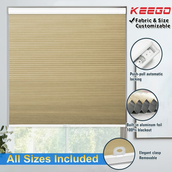 Keego 100% Blackout Cellular Window Shades Cordless Honeycomb Blinds for Window Size and Color Customizable for Home Bedroom Decor Coffee 27"w x 44"h