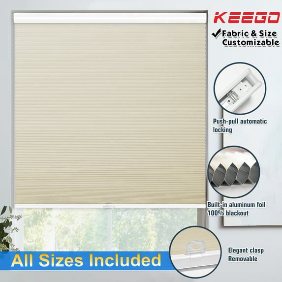 Keego 100% Blackout Cellular Window Shades Cordless Honeycomb Blinds for Window Size and Color Customizable for Home Bedroom Decor Creamy 27"w x 56"h