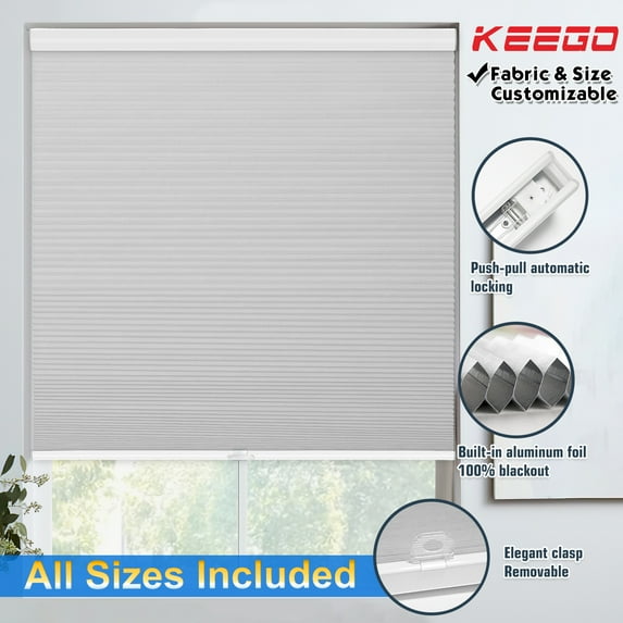 Keego 100% Blackout Cellular Window Shades Cordless Honeycomb Blinds for Window Size and Color Customizable for Home Bedroom Decor Grey 33"w x 44"h