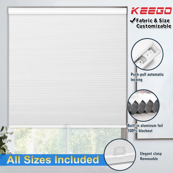 Keego 100% Blackout Cellular Window Shades Cordless Honeycomb Blinds for Window Size and Color Customizable for Home Bedroom Decor White 23"w x 36"h