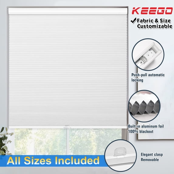 Keego 100% Blackout Cellular Window Shades Cordless Honeycomb Blinds for Window Size and Color Customizable for Home Bedroom Decor White 37"w x 56"h