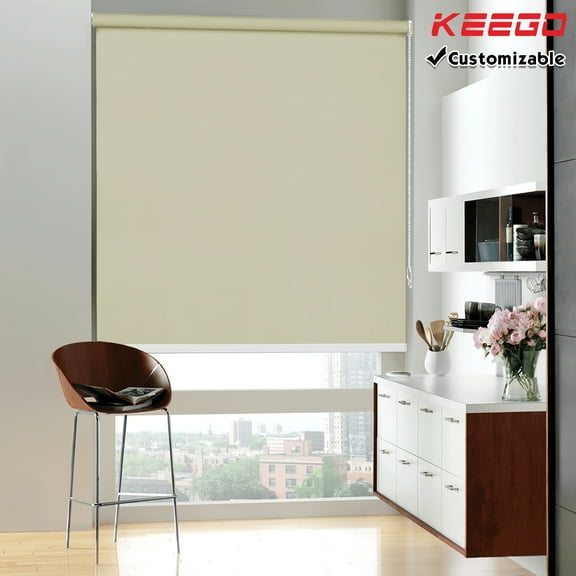 Keego 100% Blackout Roller Windows Shades UV Protection Privacy Roll Up and Down Window Blinds for Home and Office Customizable Color and Size Beige 20"w x 36"h