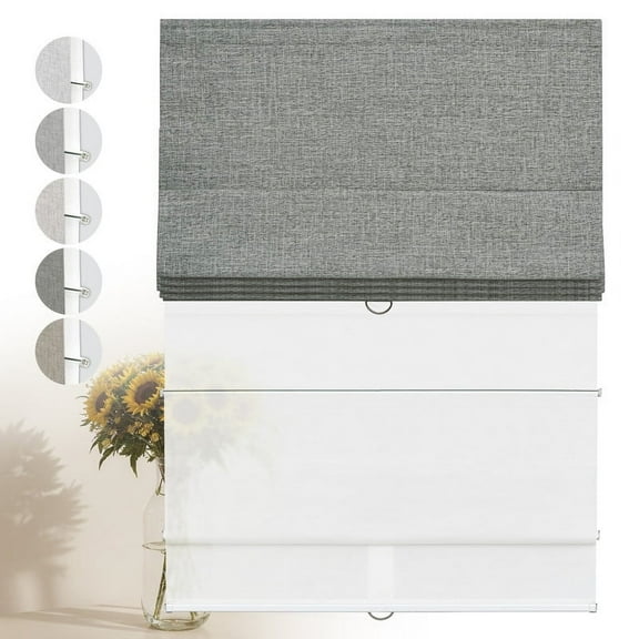 Keego 2 in 1 Cordless Roman Shades Day Night for Windows, Blackout and Light Filtering Shades, Dual Layer Roman Window Blinds for Home (Blackout Charcoal + Light Filtering White, 56"W x 56"H)
