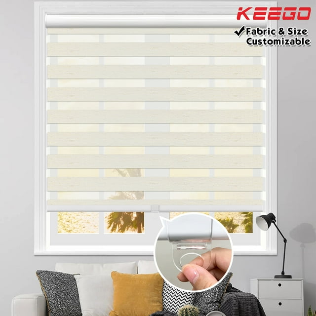 Keego 50% Blackout Cordless Zebra Window Shades Blinds with Modern Design Roller Shade Privacy Curtains Customizable Color and Size for Home Office Beige Linen 35"w x 52"h