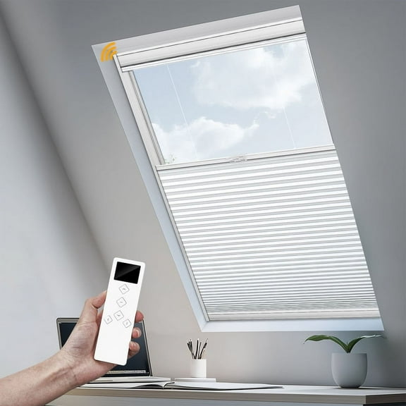 Keego 9/16" Motorized Cellular Shades Cordless Honeycomb Blinds 100% Blackout Fabric Window Shades for Skylight, Express Serial, Made in USA (White, 66.5"W x 68"H)