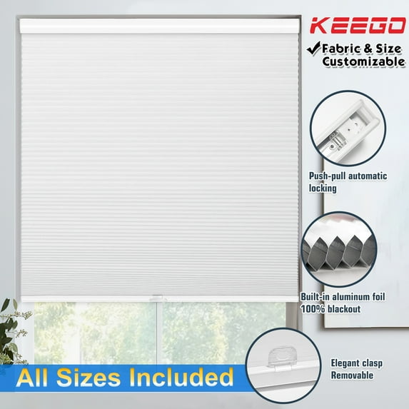 Keego Cordless 100% Blackout Fabric Honeycomb Window Shades, White 22 in x 36 in