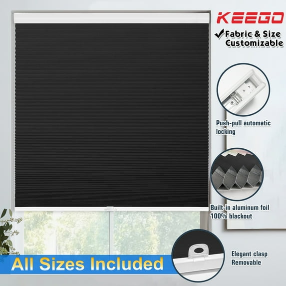 Keego Cordless Cellular Shades Window Blinds Size and Color Customizable Black 100% Blackout 36"w x 52"h