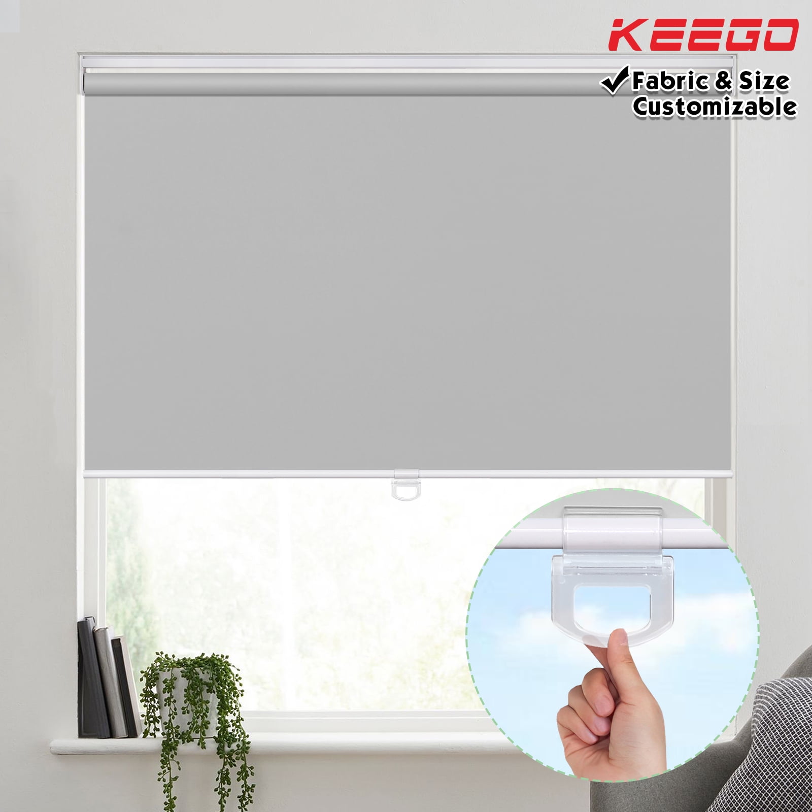 Keego Cordless Roller Shades Free-Stop Windows Blinds 100% Blackout Privacy or Living Room Bedroom Nursery Office Customizable Color and Size Grey 36"w x 36"h