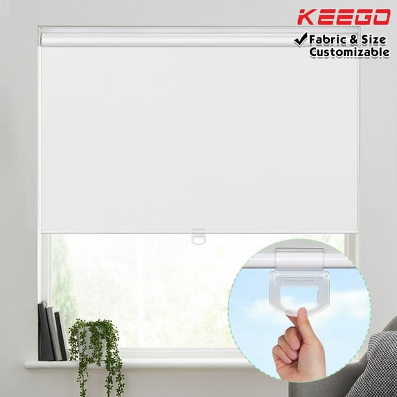 Keego Cordless Roller Shades Free-Stop Windows Blinds 100% Blackout Privacy or Living Room Bedroom Nursery Office Customizable Color and Size White 33"w x 60"h