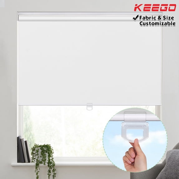 Keego Cordless Roller Shades Free-Stop Windows Blinds 100% Blackout Privacy or Living Room Bedroom Nursery Office Customizable Color and Size White 56"w x 36"h