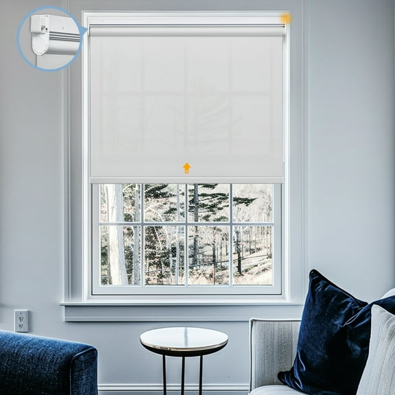 Keego No Drill Motorized Blinds, Smart Blinds for Windows Work with Voice Assistant, Custom Automatic Blinds with Pull-Rod Trigger Motorized Roller Shades - White (Filtering), 49"W x 48"H