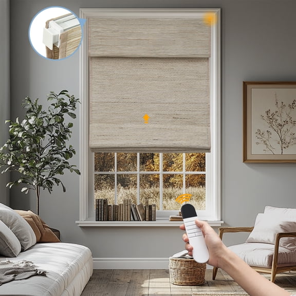 Keego No Drill Motorized Roman Shades Blackout Natural Fabric Rechargeable Electric Window Blinds Remote Control Room Darkening Window Treatment - Almond (Block 60%-90% Light) - 40"W x 48"H