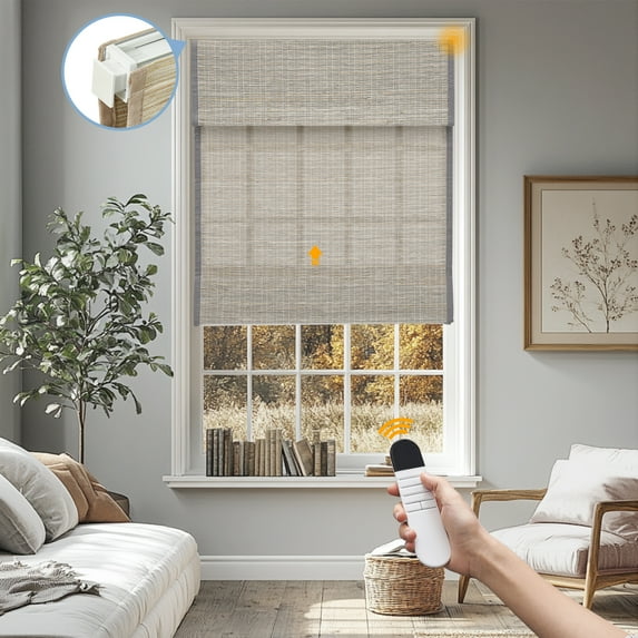 Keego No Drill Motorized Roman Shades Natural Fabric Rechargeable Electric Window Blinds Remote Control Room Darkening Window Treatment - Ash (with Linen, Block 40%-50% Light) - 48"W x 48"H