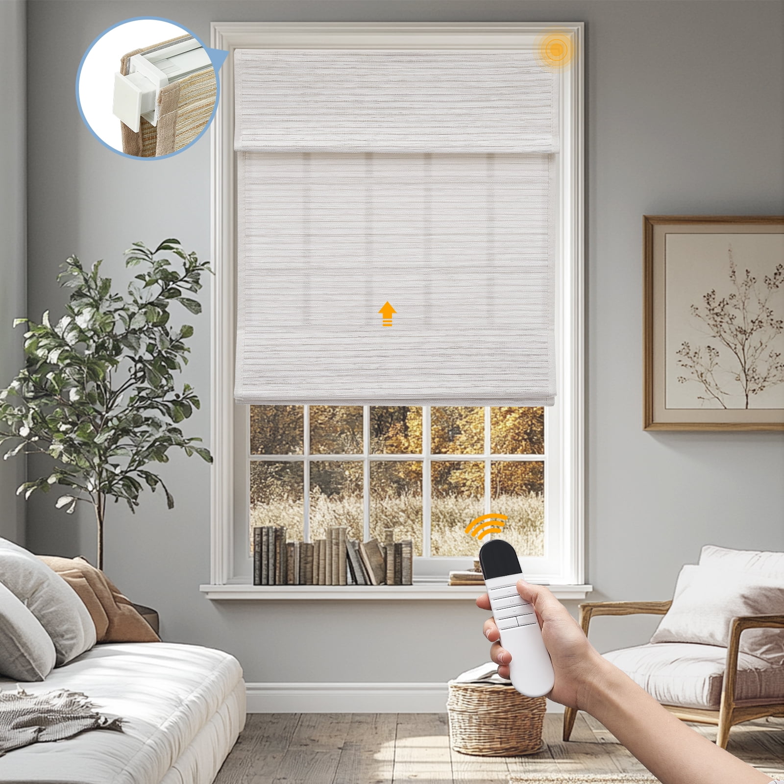 Keego No Drill Motorized Roman Shades Natural Fabric Rechargeable Electric Window Blinds Remote Control Room Darkening Window Treatment - White (with Linen, Block 40%-50% Light) - 56"W x 72"H