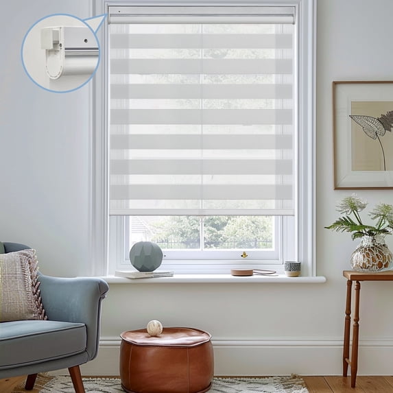 Keego No Tools No Drill Cordless Zebra Roller Blinds Light Filtering Dual Layer Roller Shades Privacy Zebra Windows Shades Zebra Blinds for Windows - LightGray, 26"W x 48"H