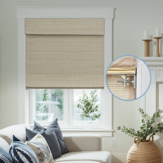 Keego No Drill No Tools Roman Shades for Windows Cordless Blackout Roman Window Shades Blinds 100% Natural Linen Hand-Made Fabric- Almond (with Lining, Block 60%-90% Light) - 44"W x 60"H