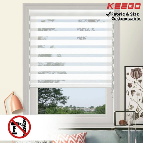 Keego No Drilling Zebra Window Shades Modern Design Roller Shade w/ Dual Layers Light Filtering White Valance Blinds for Home Office Bathroom White Fabric 22.0"w x 36.0"h
