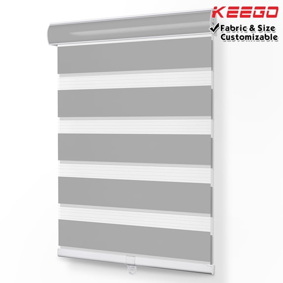 Keego Dual Layer Roller Window Blind Light Filtering Zebra Window Blind, Cordless, Customizable, Gray Case Gray Fabric 30.5"w x 46.0"h