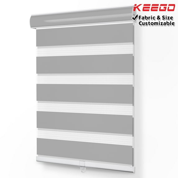 Keego Dual Layer Roller Window Blind Light Filtering Zebra Window Blind, Cordless, Customizable, Gray Case Gray Fabric 39.5"w x 66.0"h