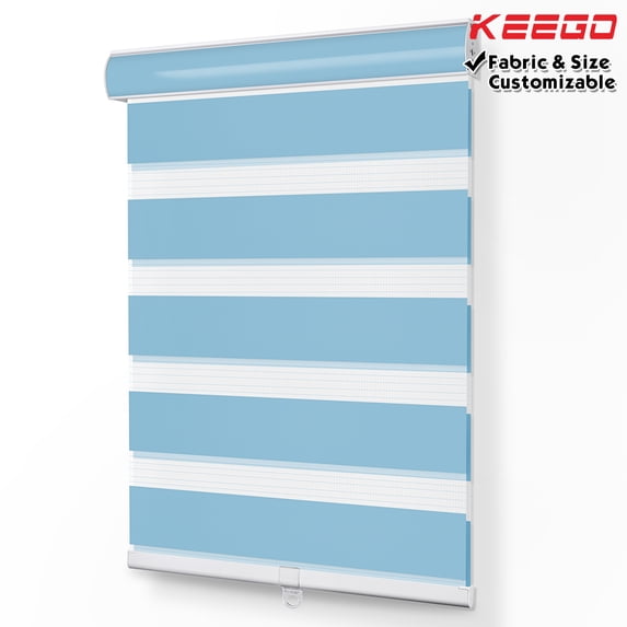 Keego Dual Layer Roller Window Blind Light Filtering Zebra Window Blind, Cordless, Customizable, Sky Blue Case Sky Blue Fabric 59.0"w x 76.0"h