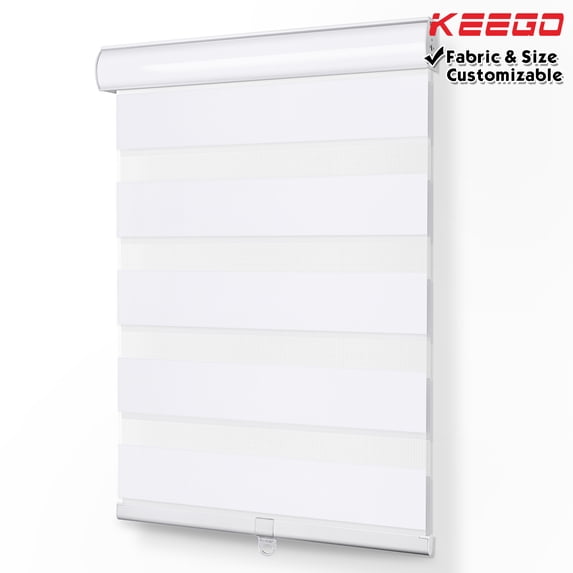 Keego Dual Layer Roller Window Blind Light Filtering Zebra Window Blind, Cordless, Customizable, White Case White Fabric 23.0"w x 66.0"h
