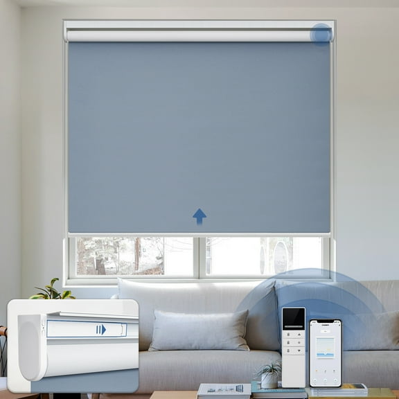 Keego Motorized Blinds with Remote Control Rechargeable Battery Automatic Window Shades Smart Blackout Roller Shades for Home Office Hotel Blue 27"W X 42"H