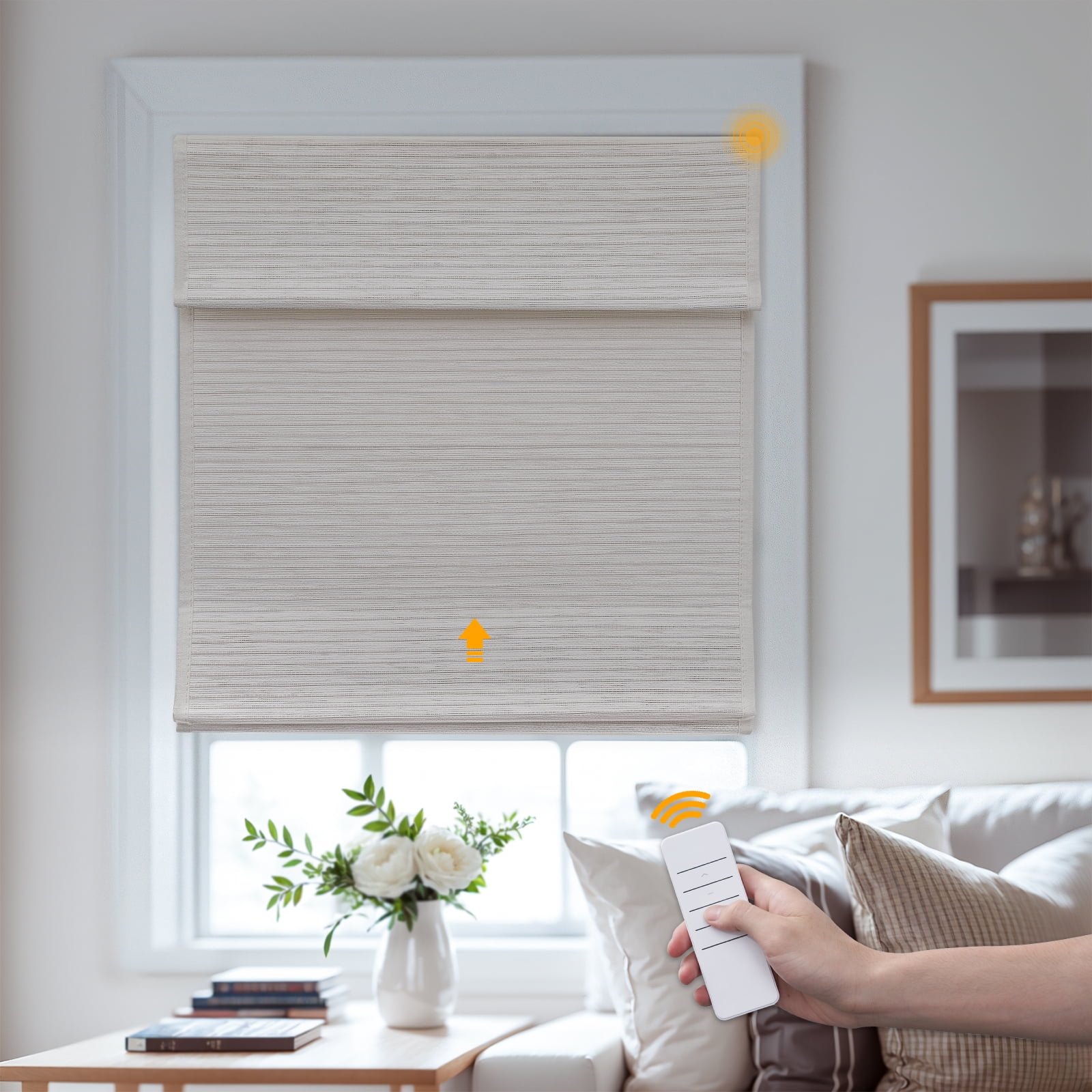 Keego Motorized Roman Shades Blackout Natural Fabric Rechargeable