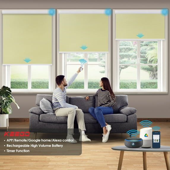 Keego Motorized Shade Remote Control App Control Voice Control Silent Rechargeable Blackout Roller Blinds Auto Window Blinds Antique White,36.0"w x 56"h