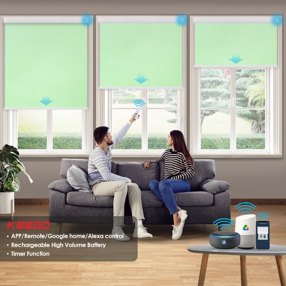 Keego Motorized Shade Remote Control App Control Voice Control Silent Rechargeable Blackout Roller Blinds Auto Window Blinds Aquamarine, 33.0"w x 46"h