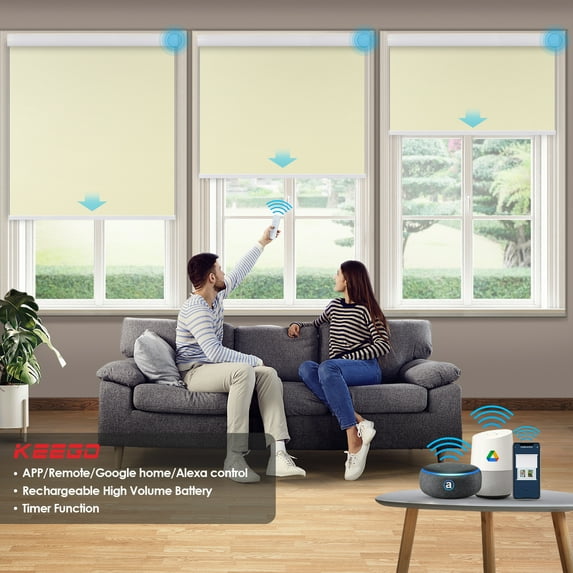 Keego Motorized Shade Remote Control App Control Voice Control Silent Rechargeable Blackout Roller Blinds Auto Window Blinds Beige,32.0"w x 76"h