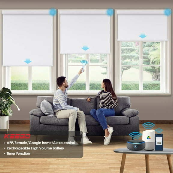 Keego Motorized Shade Remote Control App Control Voice Control Silent Rechargeable Blackout Roller Blinds Auto Window Blinds Cream White,26.0"w x 56"h